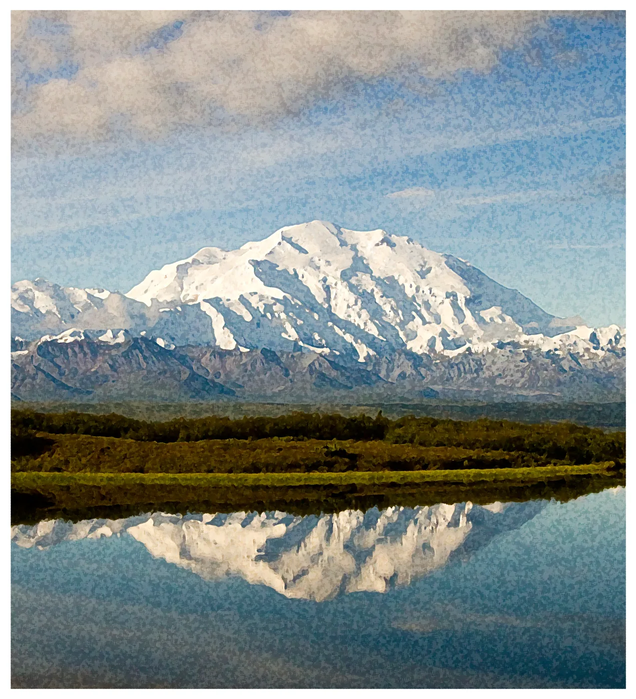 Watercolor print of Denali, snow-covered, reflected in a lake below