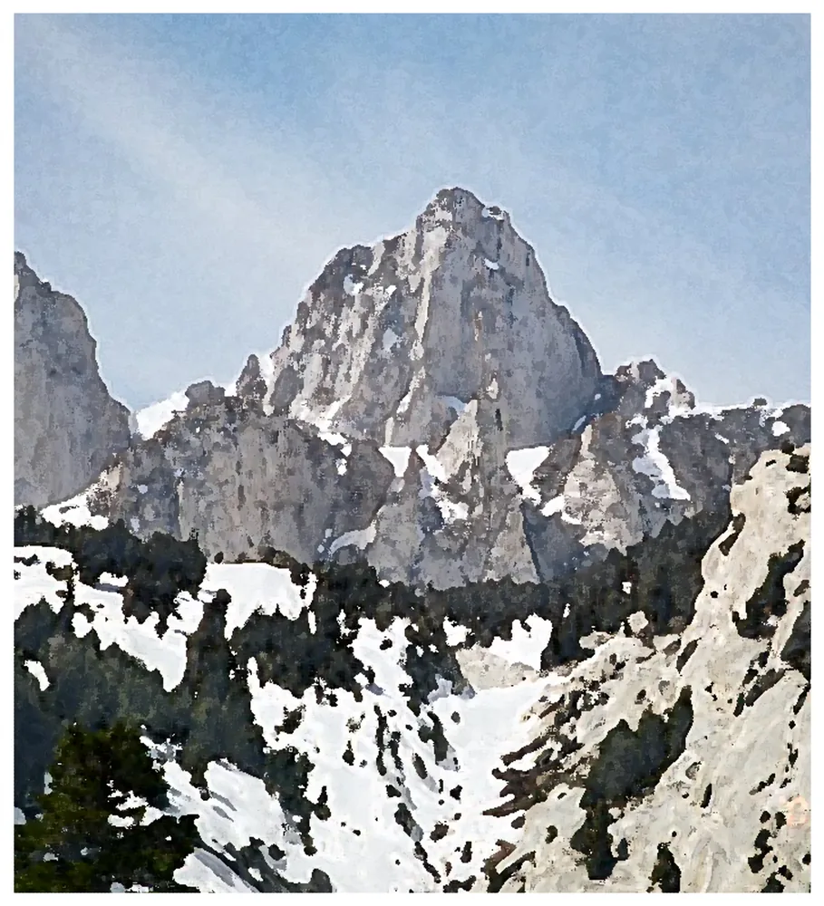 Watercolor print of the granite spires of Mount Whitney with late snow